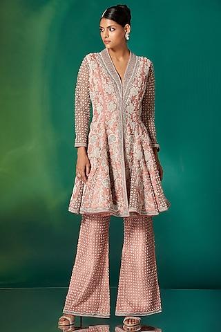 coral organza & net hand embroidered peplum kurta set