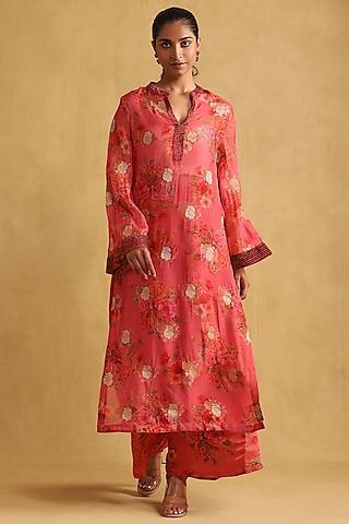 coral organza floral printed kurta set