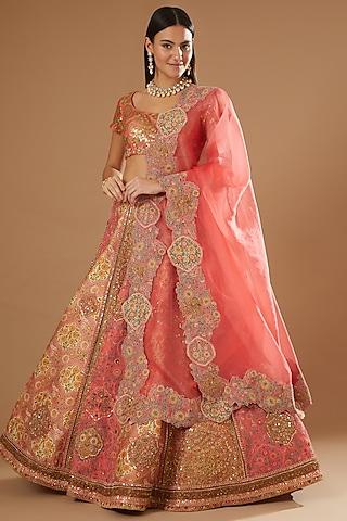 coral organza lehenga set