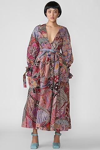 coral organza printed gathered maxi dress