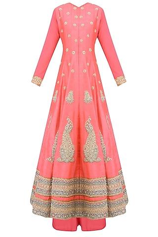coral paisley motifs embroidered anarkali set with palazzo pants