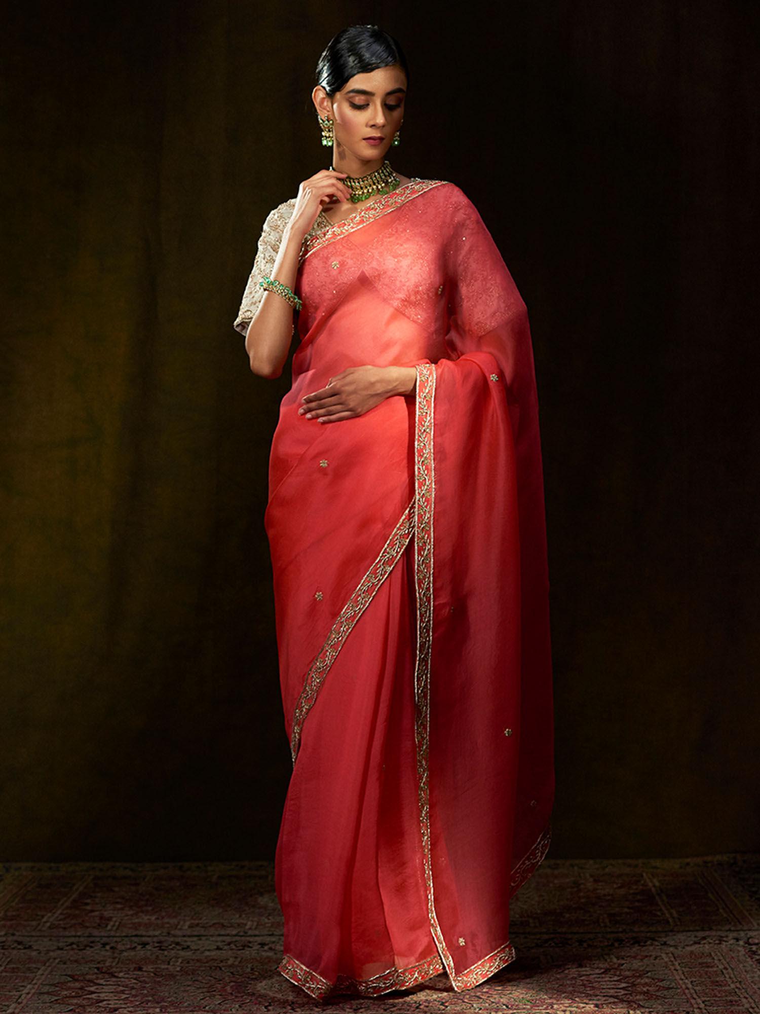 coral peach hand embroidered organza saree with zardozi