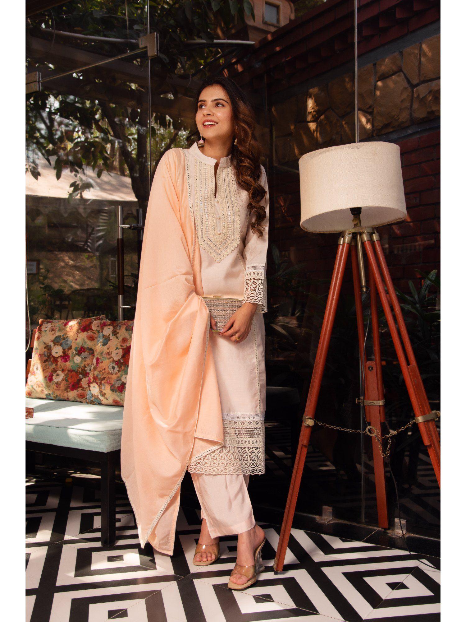 coral peach lace work chanderi kurta pants with dupatta (set of 3)