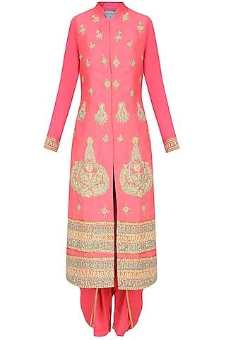 coral pearl and dori embroidered straight kurta set with dhoti pants