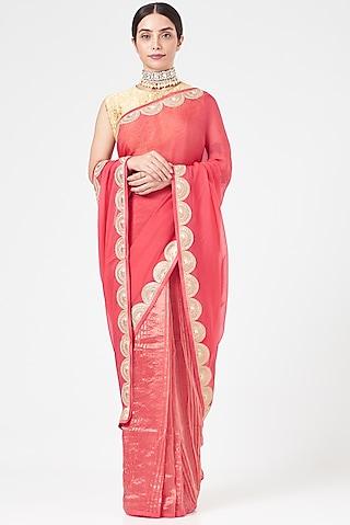 coral pink chanderi lace work striped saree