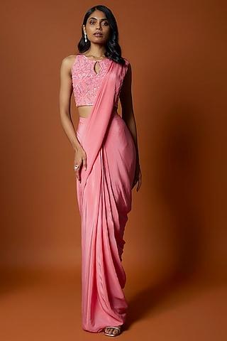 coral pink crepe pre-draped saree set