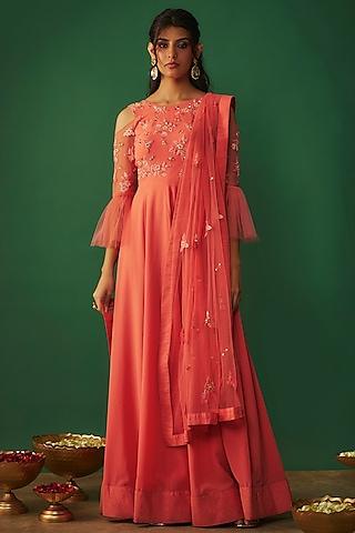 coral pink double georgette embroidered anarkali set