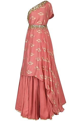 coral pink embroidered drape kurta with skirt