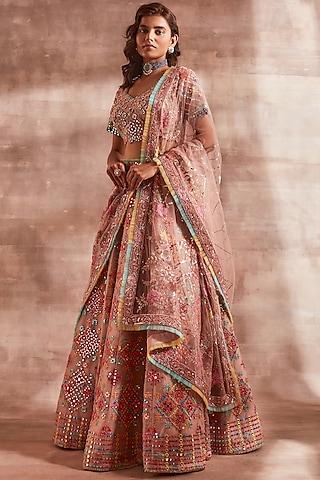 coral pink hand embroidered lehenga set