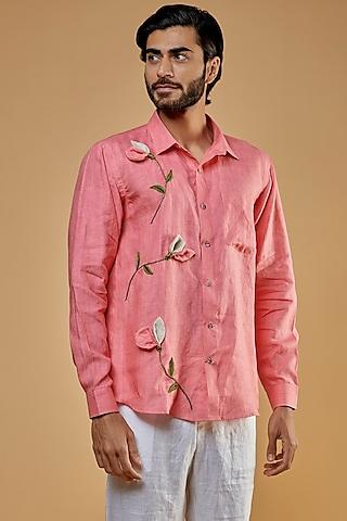 coral pink hemp embroidered shirt