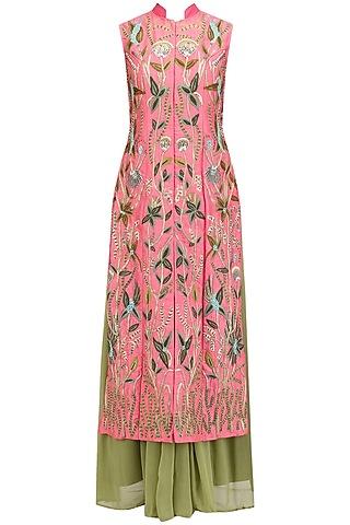 coral pink jaal embroidered kurta with green lehenga and dupatta set