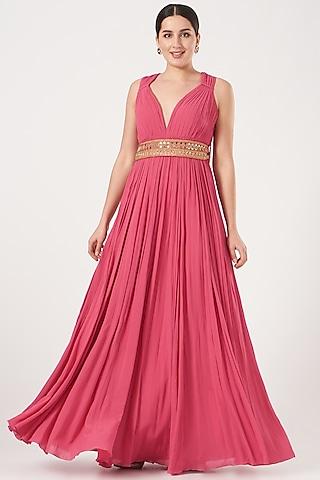 coral pink mirror embroidered gown