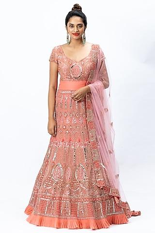 coral pink organza & tulle hand embroidered gown with dupatta