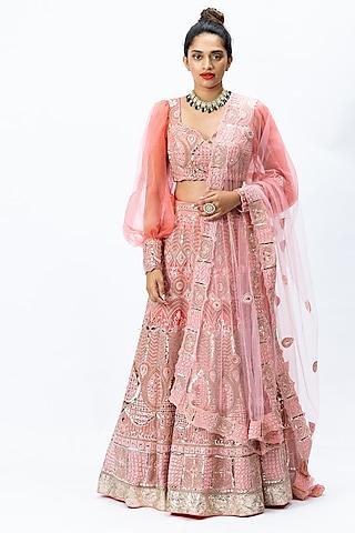 coral pink organza & tulle hand embroidered lehenga set