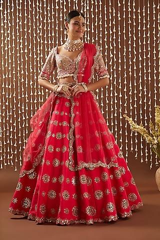 coral pink raw silk resham & patra embroidered lehenga set