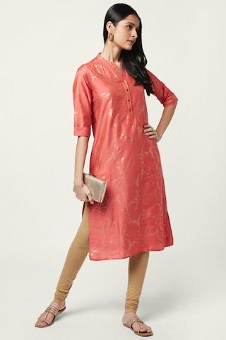 coral print ethnic v neck 3/4th sleeves calf-length women regular fit kurta