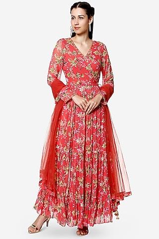 coral printed & embroidered anarkali set