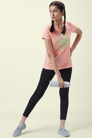 coral printed active wear half sleeves round neck women regular fit t-shirt