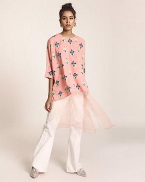 coral printed art crepe and organza kaftan tunic