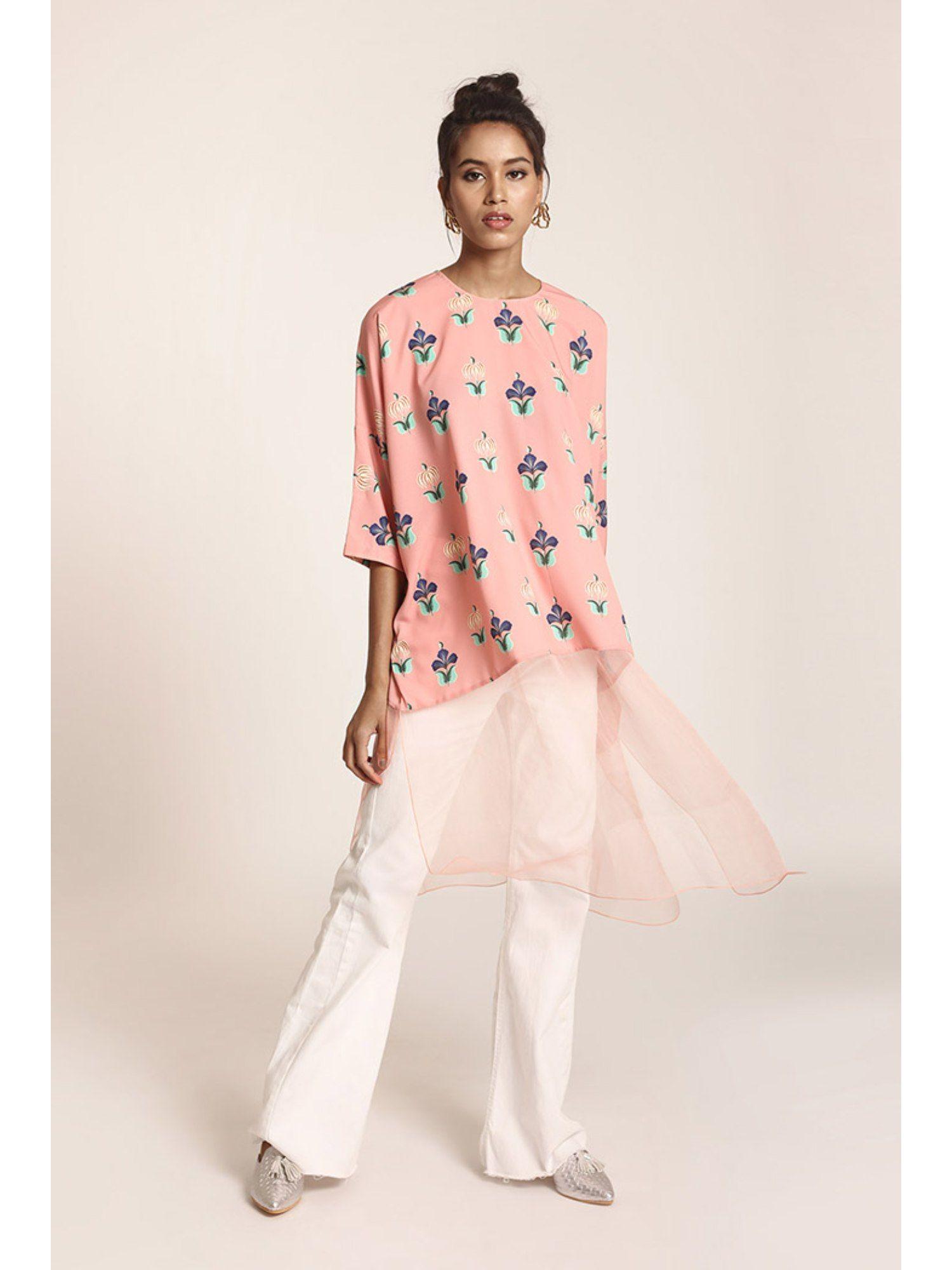 coral printed art crepe kurta