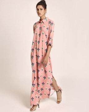 coral printed art crepe shirt dress