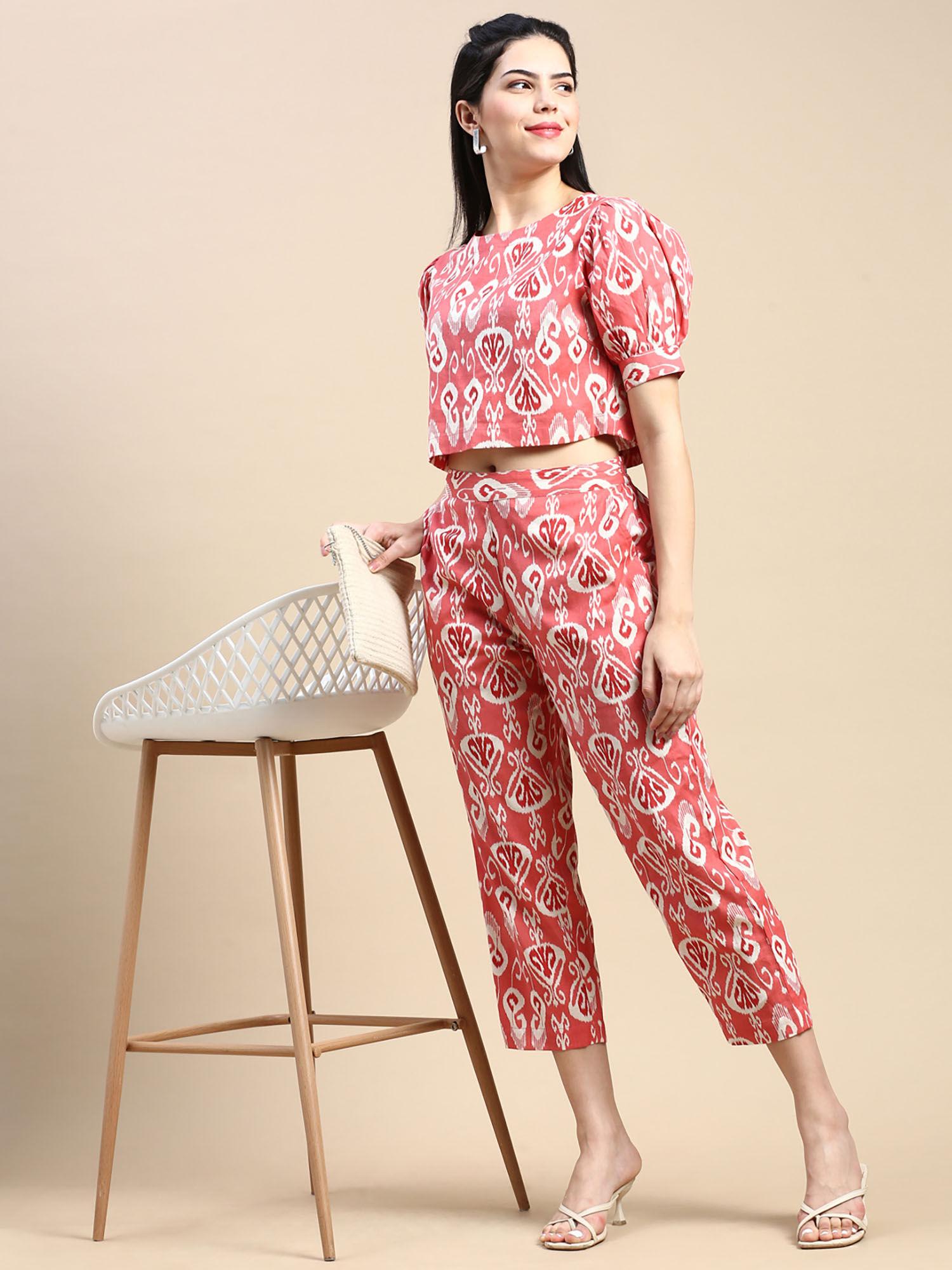 coral printed cotton top with pant (set of 2)