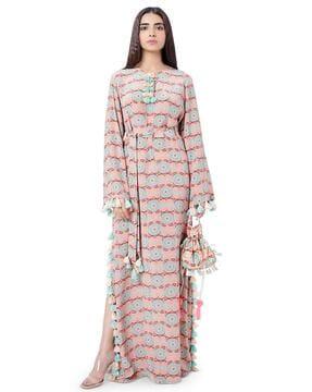 coral printed crepe high-slit kaftan with belt