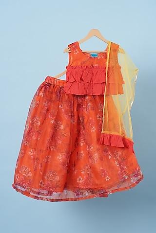 coral printed lehenga set for girls