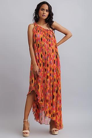 coral printed one-shoulder maxi dress