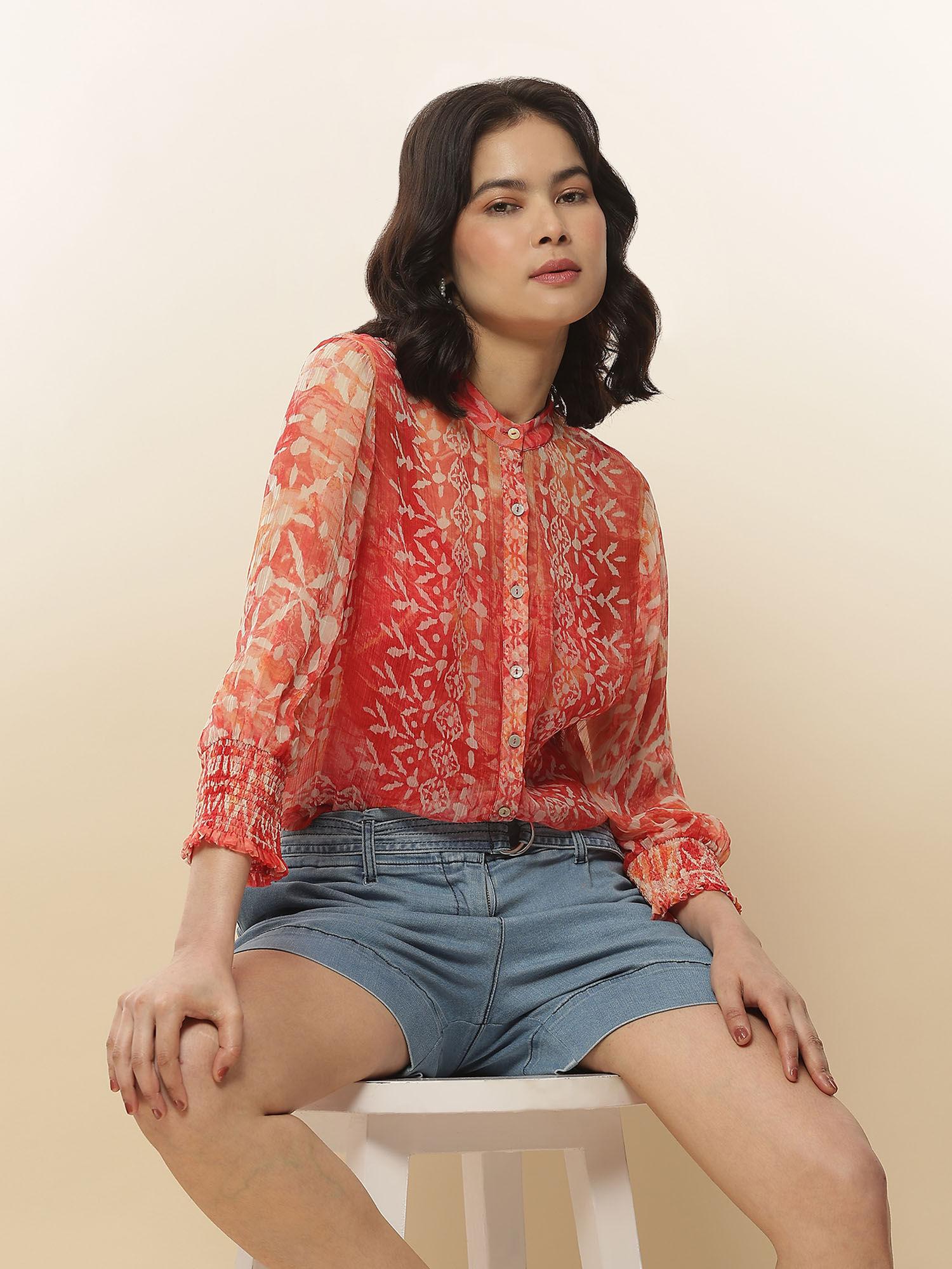 coral printed shirt