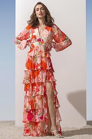 coral printed tiered dress
