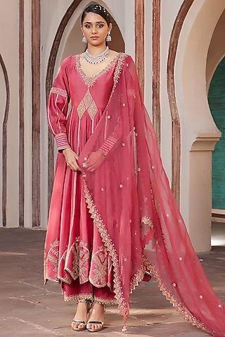 coral pure chanderi silk hand embroidered anarkali set