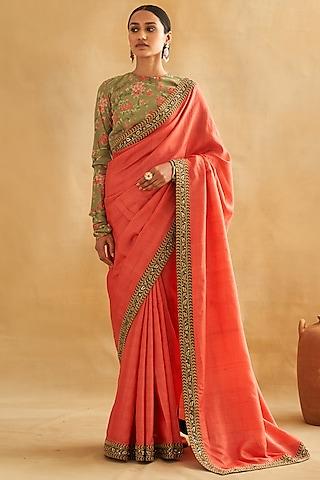 coral pure tussar silk hand embroidered saree set