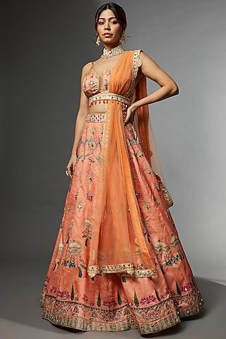 coral raw silk digital printed lehenga set