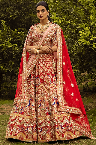 coral raw silk embroidered lehenga set