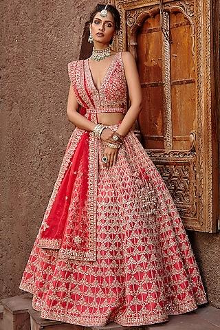 coral raw silk gota embroidered lehenga set