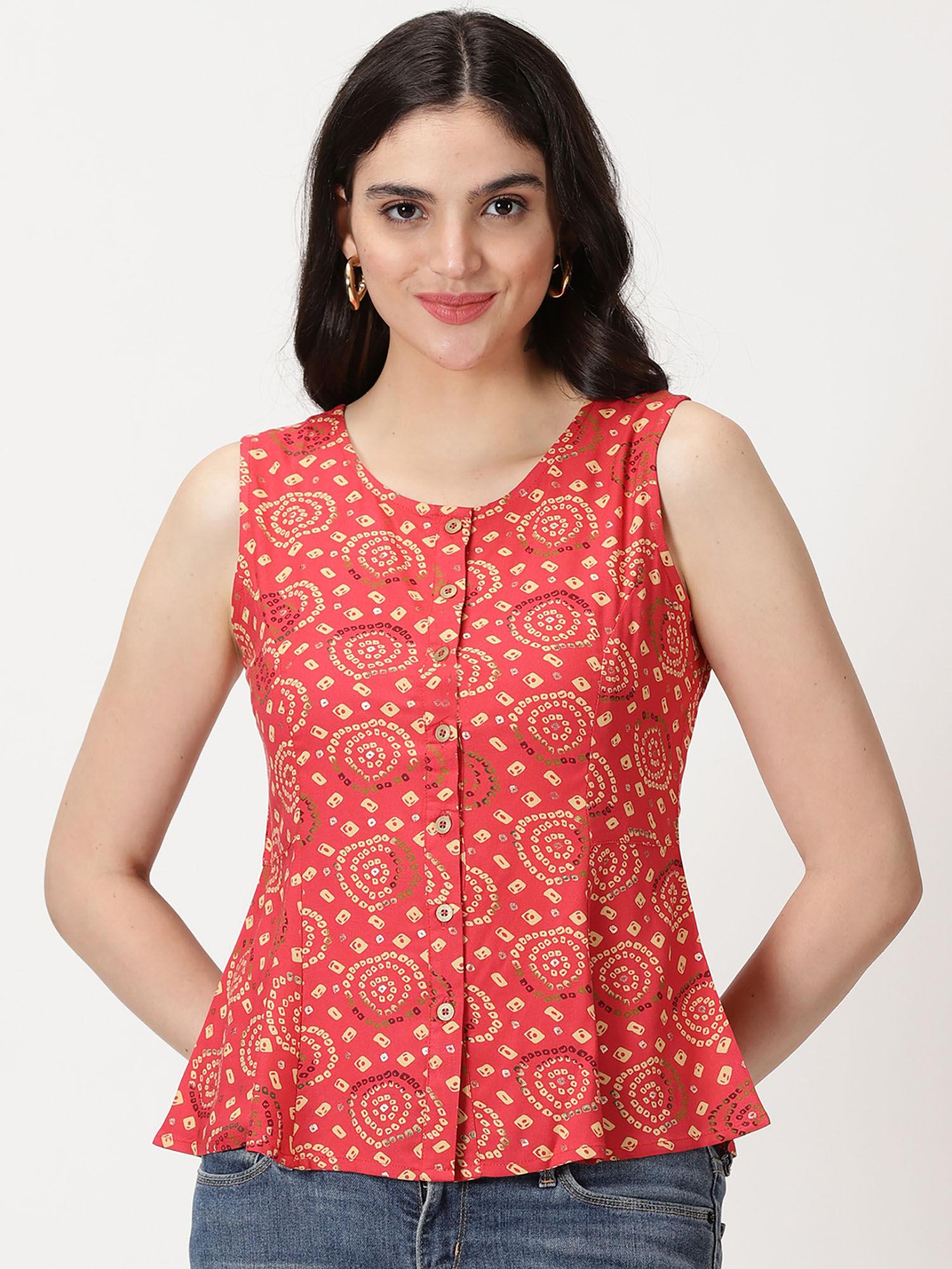 coral rayon bandhani printed a line button down top