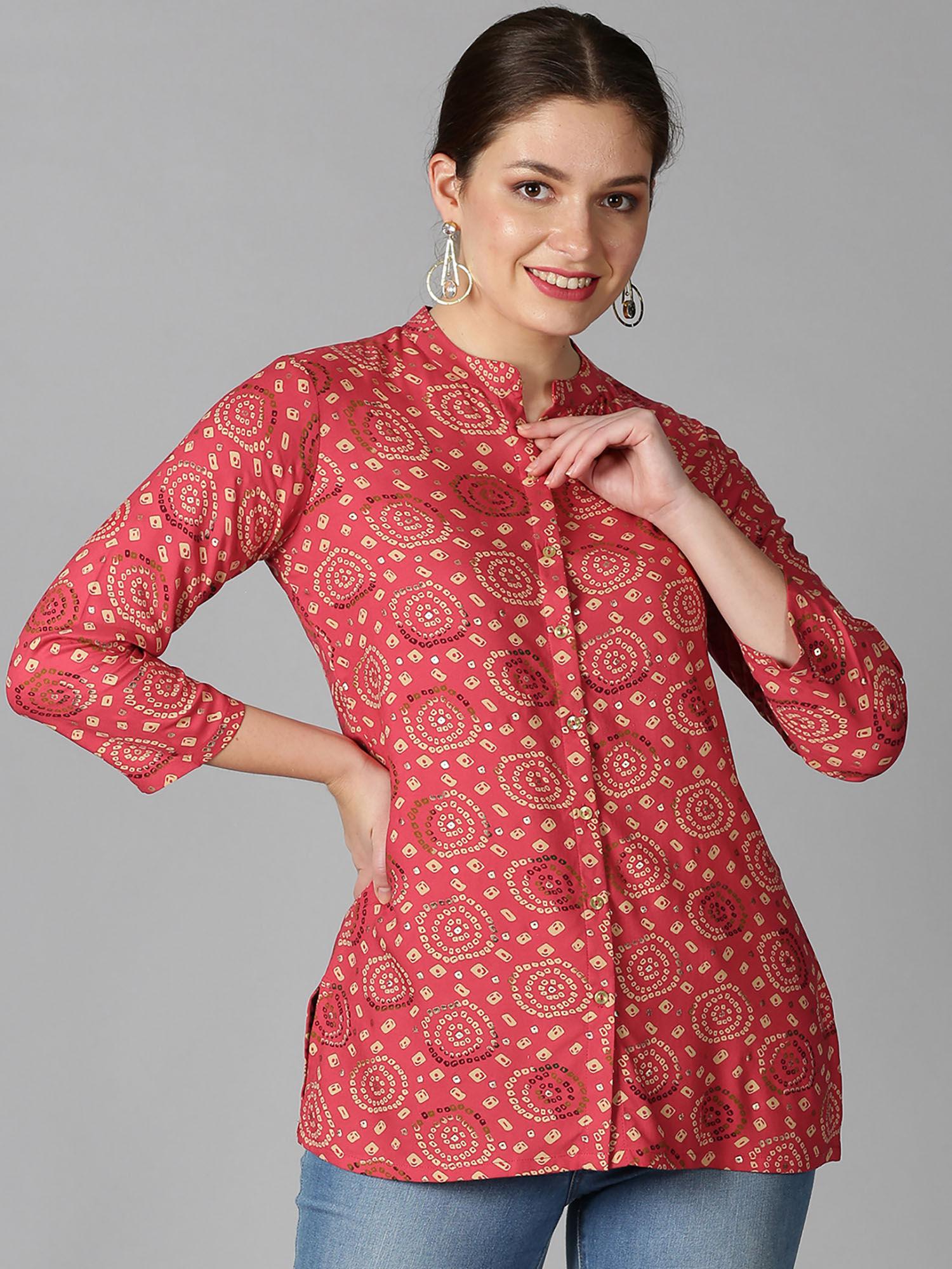 coral rayon bandhani printed button-down tunic