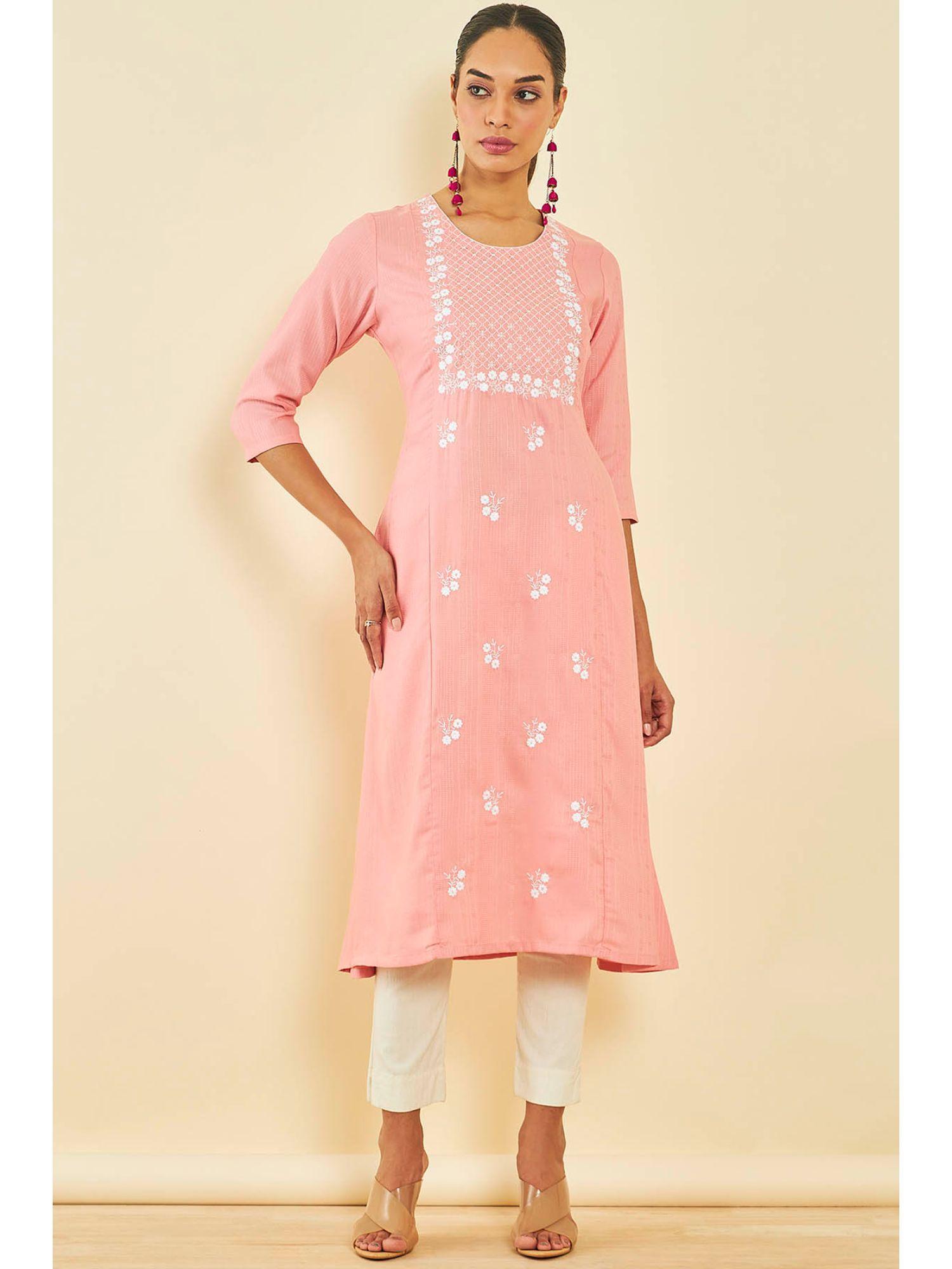 coral rayon floral print kurta