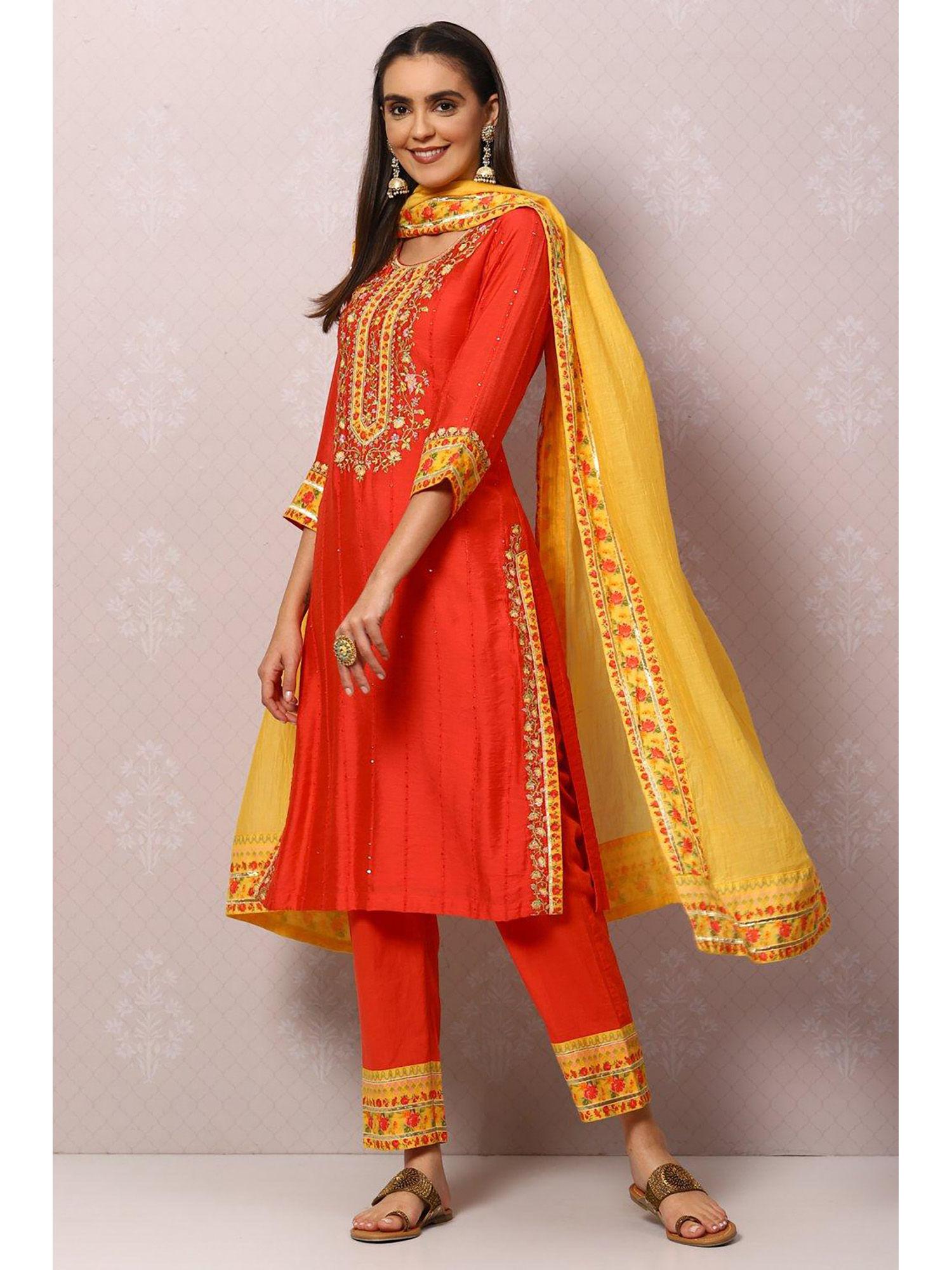 coral red and yellow viscose cotton straight suit set (set of 3)