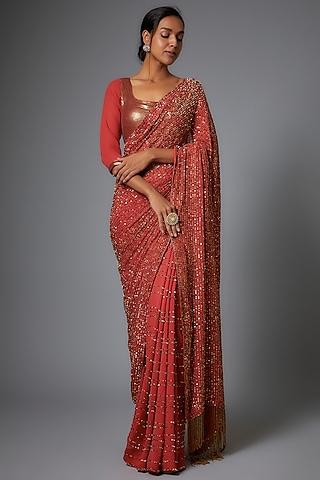 coral red chiffon embroidered saree set