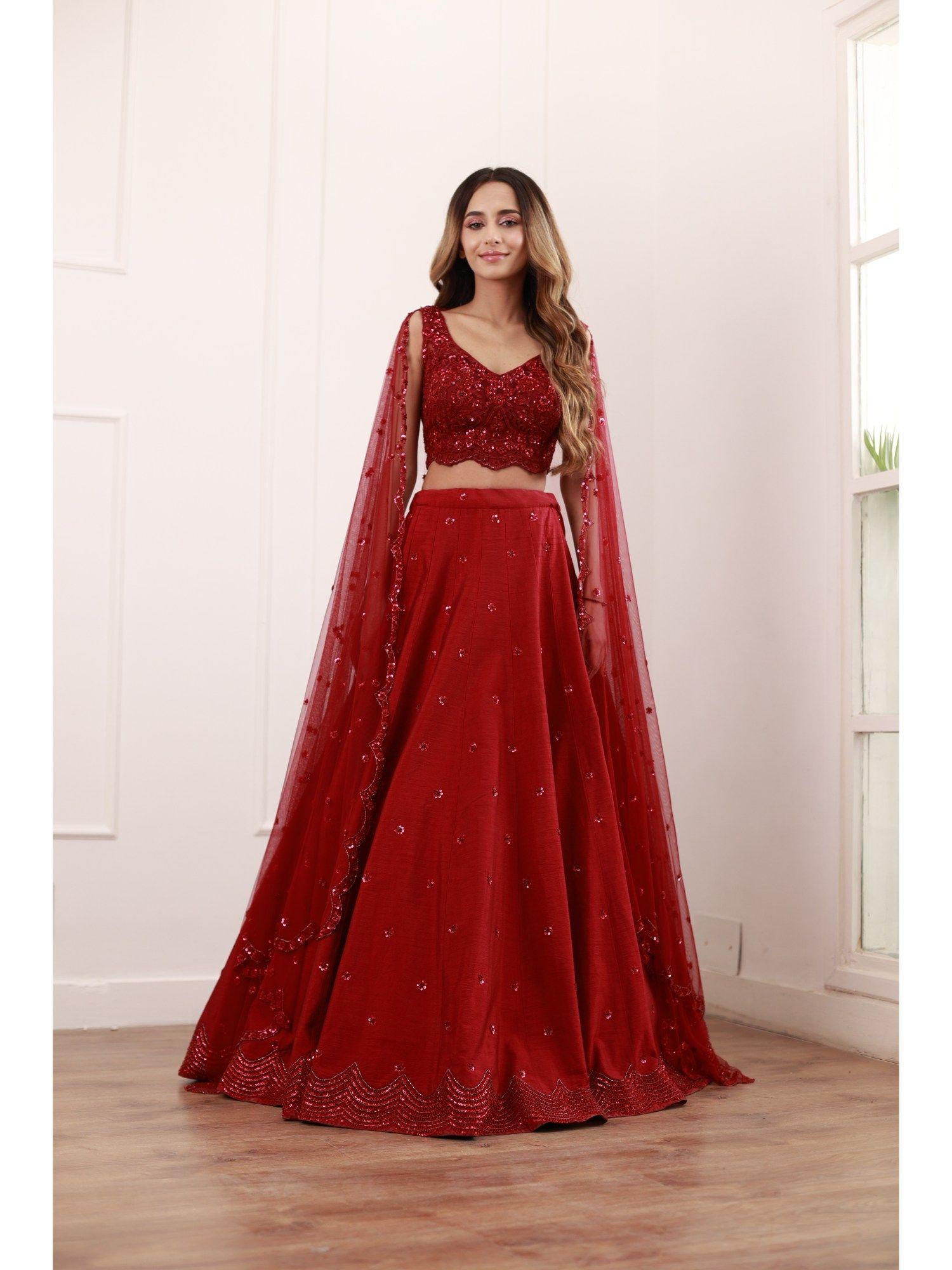 coral red embroidered and embellished lehenga with choli and dupatta (set of 3)