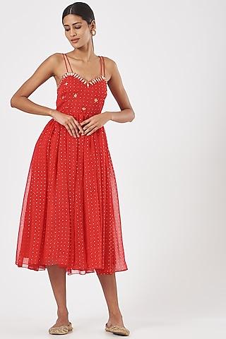 coral red embroidered gathered high-low strappy dress