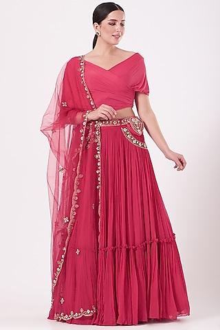 coral red embroidered layered lehenga set