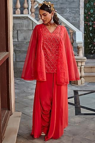 coral red embroidered tunic set