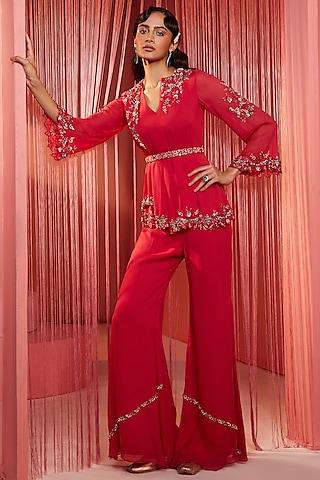 coral red georgette kurta set