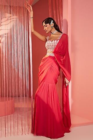 coral red georgette pre-stitched saree set