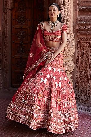coral red raw silk embroidered lehenga set