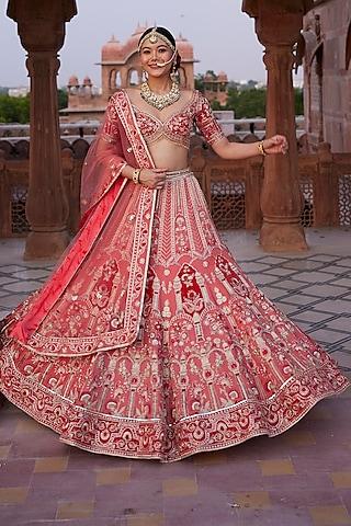 coral red raw silk embroidered lehenga set