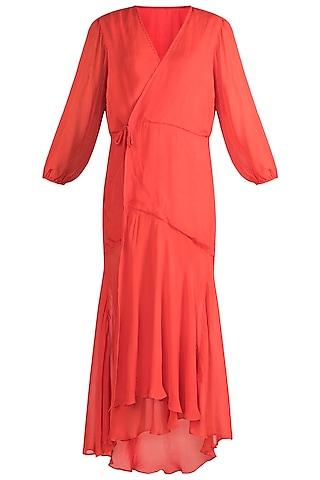 coral red wrap dress